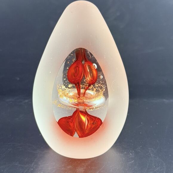Vtg Glass Egg Paperweight Murano style Red Flame Gold Flecks Frosted Peek Art - Picture 1 of 6